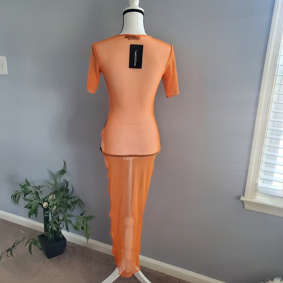 Pretty Little Thing Short Sleeve Cut Out Orange Side Mesh Dress 6 - Picture 2 of 10